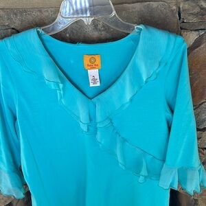 Ruby Rd. Petite Large Light Teal Blue Top with Ruffle V Neck; Perfect Condition